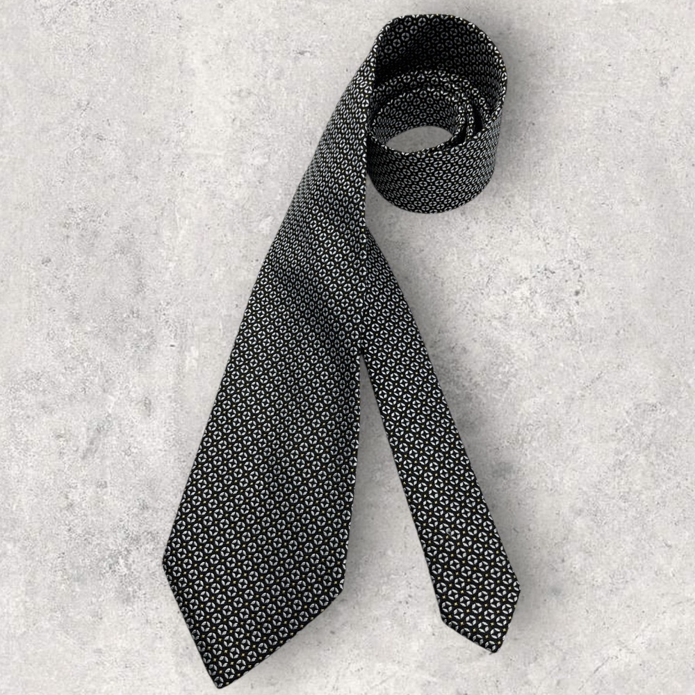TIE RACK Black/White/Yellow Geometric Silk LUXURY Tie ITALY